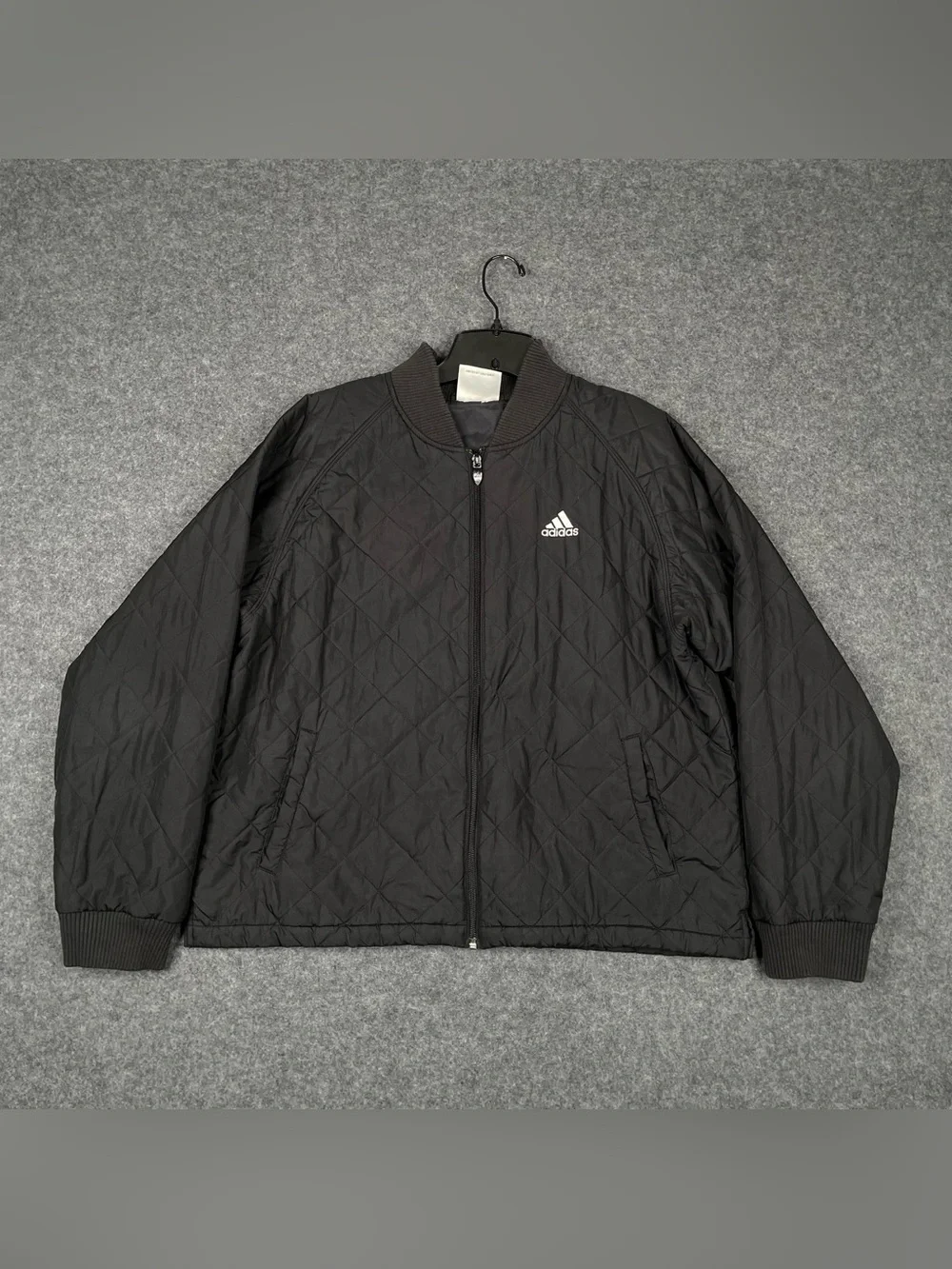 Adidas Quilted Bomber Jacket Mens Large Black Tricot Logo 3 Stripes Full Zip